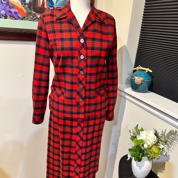 Bobbie Brooks Calgary - Vtg. 50’s Red Plaid Tartan Skirt & Jacket Suit - Sz. S - Picture 3 of 16